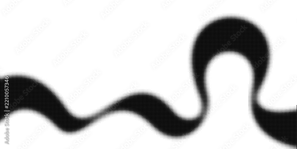 Fototapeta premium Curved black dotted ribbon swirls pattern, halftone gradient wave design element, monochrome vector overlay posters templates.