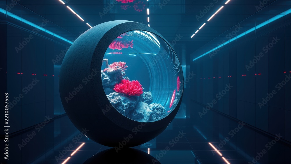 Fototapeta premium Futuristic interior features spherical aquarium. Vivid coral, fish visible within dark, sleek space. Lighting creates dramatic effect.