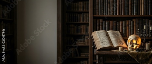 Old open book and human skull on wooden table in a dimly lit library filled with antique bookshelves.