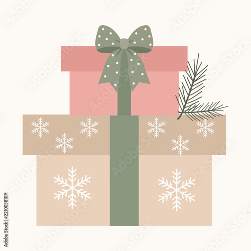 Flat illustration of two stacked present boxes adorned with white snowflakes, tied with a green ribbon and a lovely polka dot bow, decorated with a pine branch.