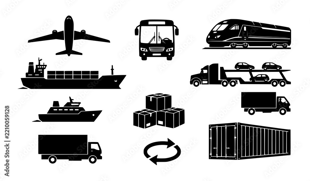 Fototapeta premium Air Road Rail Marine Transport and Shipping Delivery Black Vector Collection