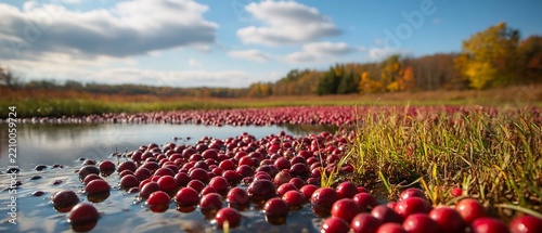 Harvesting Cranberries float on flooded field in Autumn, with trees beyond