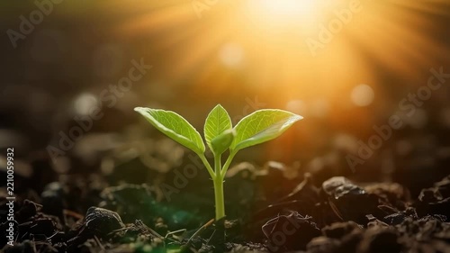 Young Green Seedling Plant Growth in Rich Soil Under Warm Sunlight with Hope