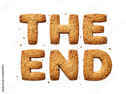 The end text made of crunchy brown cookies isolated on a white background