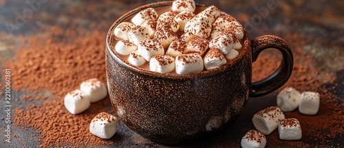 Hot chocolate overflows with marshmallows on dark, rustic backdrop