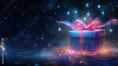 Illuminated blue gift box with ribbon and bubbles, night sky background