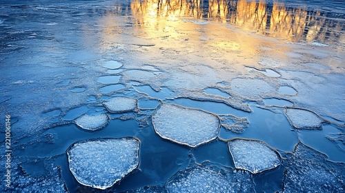 Ice floes drift on frozen lake, reflecting trees in golden sunset light