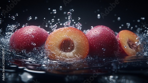 Juicy plums splashed with water in a dark, reflective studio setting