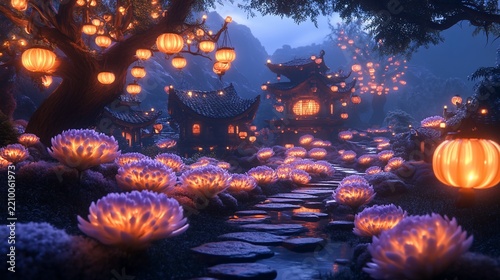 Lanterns glow in a dreamy asian garden at twilight, mountains in the distance