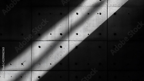 Light ray illuminates concrete wall, creating patterns, shadow and light textures