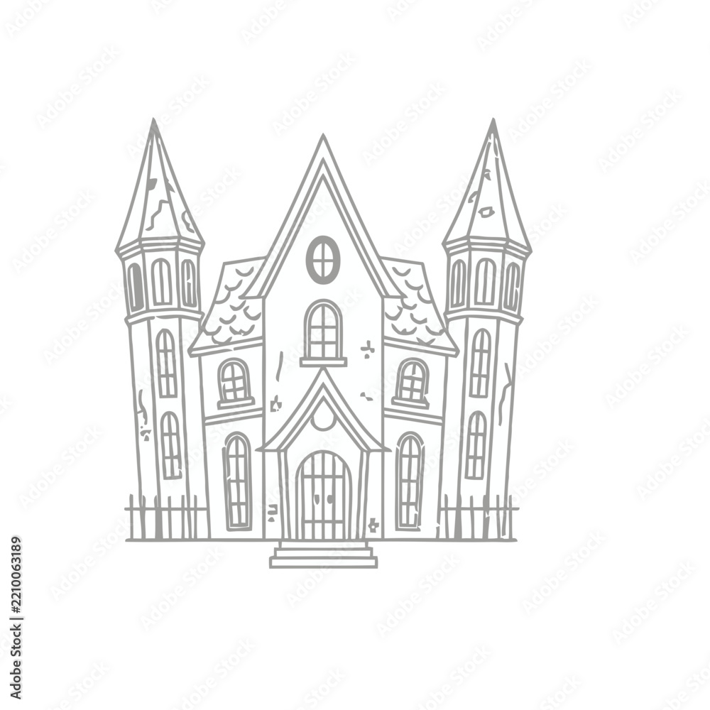 Obraz premium Line art of a haunted house with towers and a fence
