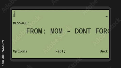 Retro mobile phone sms text message interface on old green screen display