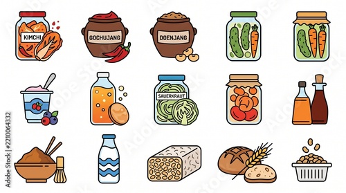 Fermented Foods and Preserved Ingredients Illustration Set