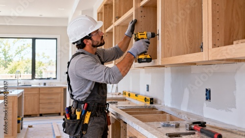 Carpenter installing kitchen cabinets with drill in unfinished home interior, wearing hard hat and tool belt.