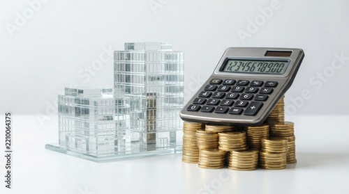A calculator and a stack of coins on a white surface.