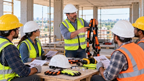 Construction site manager explaining safety harness usage to team of workers during daily meeting held.