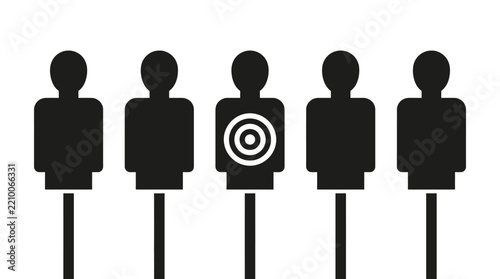Black silhouette figures standing together in a row with one center shooting target symbol