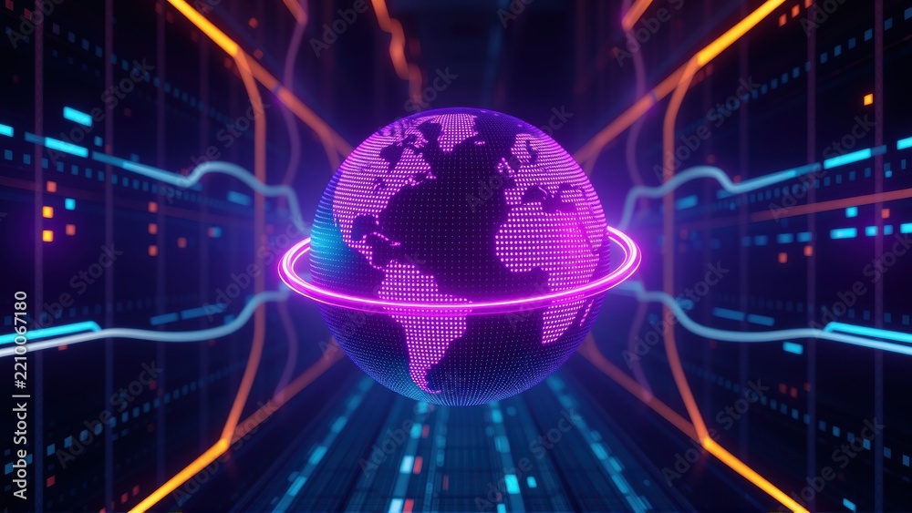 Fototapeta premium Digital globe surrounded by glowing lines, futuristic tunnel effect. Dark background emphasizes vibrant colors, technology focus.
