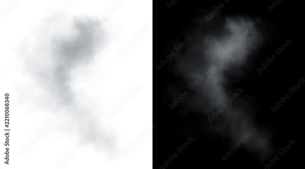Naklejka premium Atmospheric smoke and cloud textures, realistic white vapor on black background, dark mist element on white, ethereal fog for photo overlays