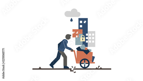 Depressed man pushes a wheelbarrow filled with debris under a dark rain cloud, representing personal ruin and heavy burdens.