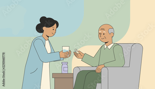 Caring female nurse assists an elderly man in an armchair by offering him a glass of water and his daily medication pill.