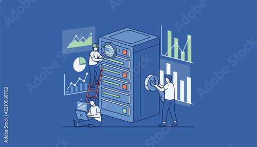 Tech support team performs maintenance, data analysis, and security checks on a database server rack in a modern data center.