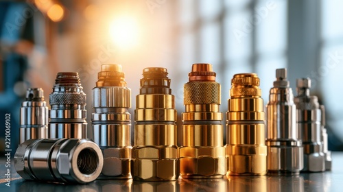 A detailed image showing an array of various hydraulic quick-connect couplings used in industrial fluid transfer applications and machinery connections.