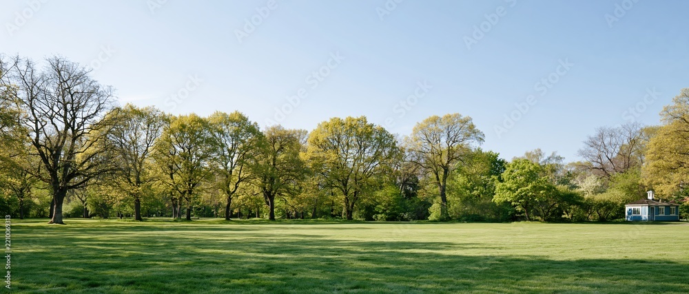 Obraz premium Wide view of a green lawn in a public park with trees and a small pavilion under a clear blue sky during early spring