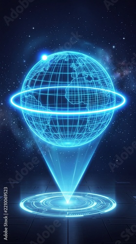 Futuristic Blue Holographic Earth Globe with Glowing Rings