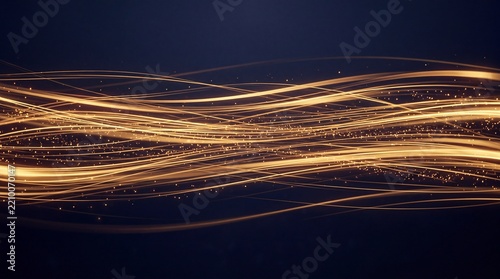 Abstract Golden Glowing Light Trails and Waves on Dark Background