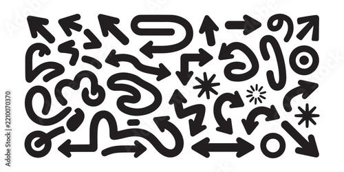 Black hand drawn arrow collection features organic shapes for creative web design and infographics.