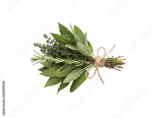 Fresh culinary herb bouquet tied with twine isolated on white