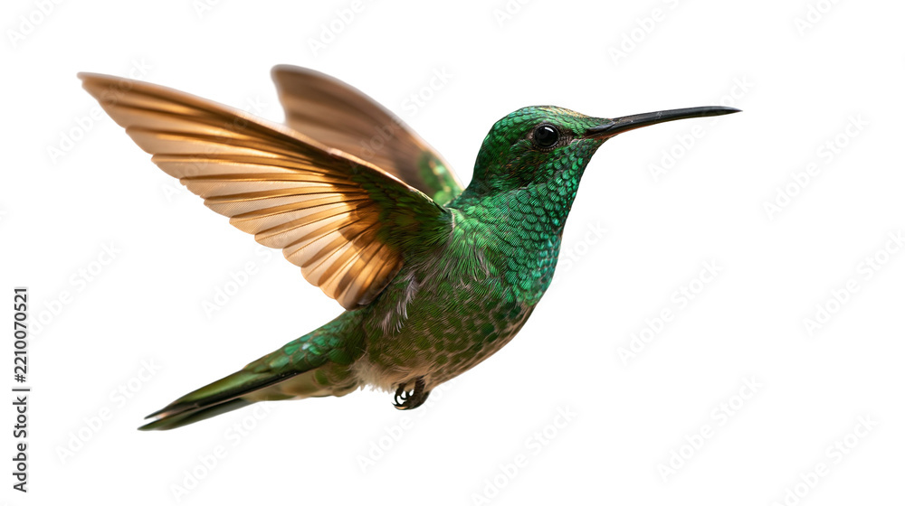 Fototapeta premium Vibrant green hummingbird in flight with spread wings and iridescent feathers