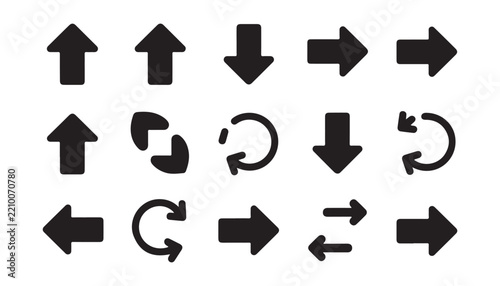 Black arrow icon collection indicates various directions for interface elements and web design projects.