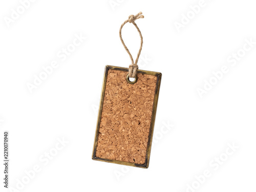 Rectangular cork gift tag with metal frame isolated on transparent