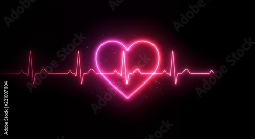 Neon Glowing Heart with Pulse Line on Dark Background