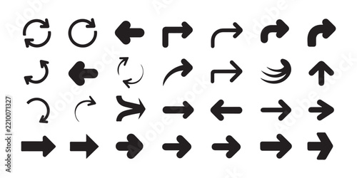 Collection of various black arrows and refresh symbols for web navigation and design elements.