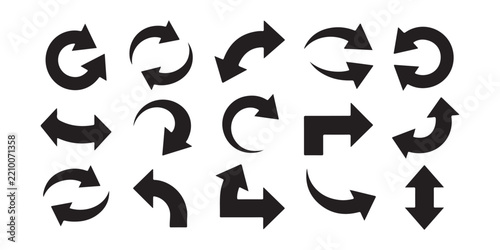 Assortment of modern black arrows and reload symbols for website interfaces and app design.