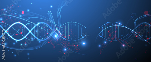 Futuristic biotechnology background with a glowing neon DNA. Vector