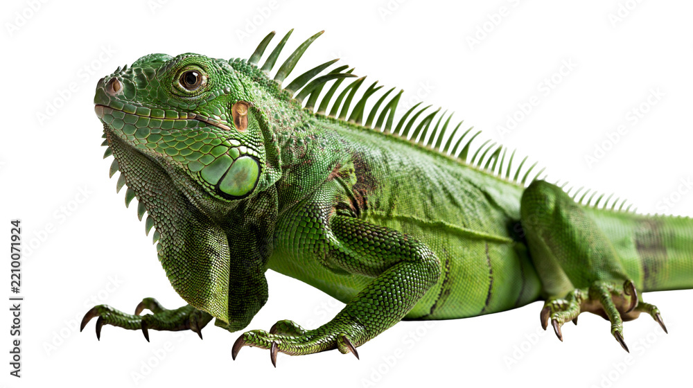 Fototapeta premium Vibrant green iguana lizard with spiky dorsal crest and textured scaly skin
