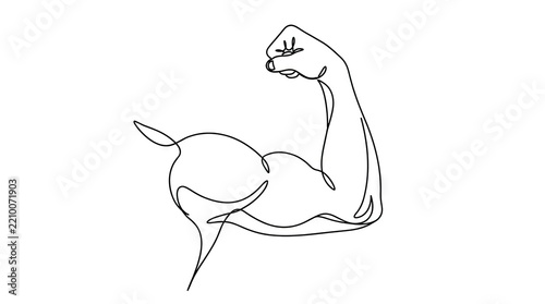 Continuous line drawing of a muscular flexed bicep.