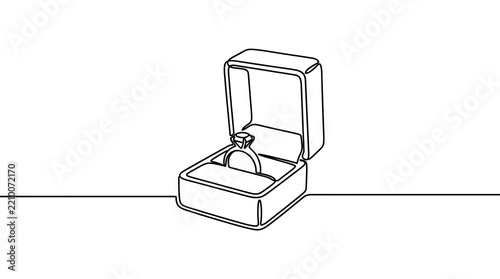 Continuous line drawing of diamond ring in velvet box.