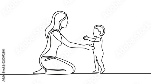 Continuous line drawing of mother and baby walking.