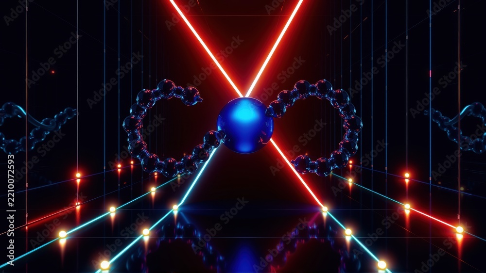 Fototapeta premium Abstract digital art. Glowing lines intersect sphere, creating infinity symbol. Dark background enhances vibrant colors, futuristic aesthetic.