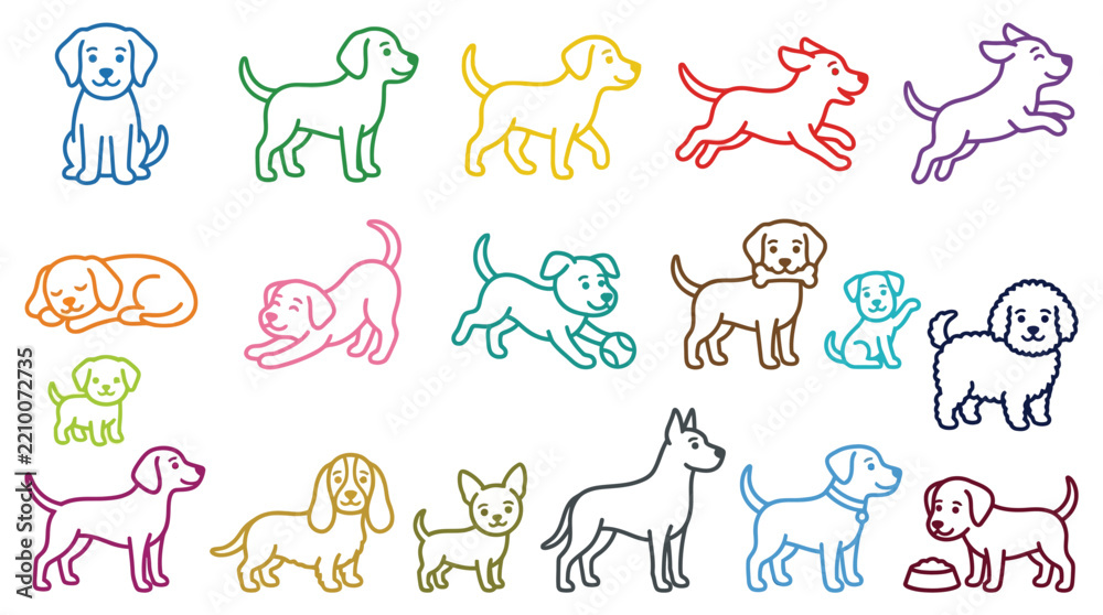Obraz premium Collection of stylized cartoon dog illustrations in various poses and colors.