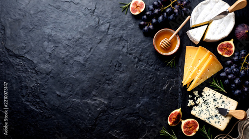 Artisanal french cheese selection with figs, grapes, honey, and crackers on a dark slate background