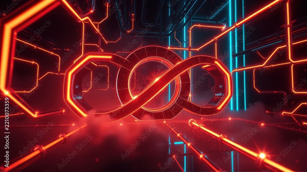 Fototapeta premium Neon infinity symbol dominates dark space. Lines create futuristic tunnel effect. Red, blue glow emanates from circuitry. Dramatic lighting.