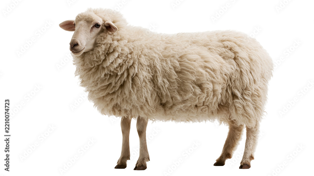 Obraz premium Fluffy white woolly sheep standing sideways