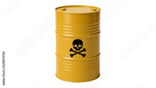 Yellow metal barrel with skull and crossbones symbol, isolated on transparent background