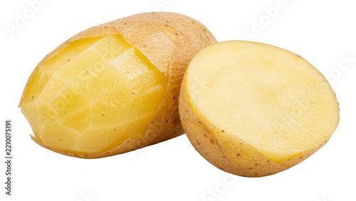 Whole partially peeled potato and half potato cut, isolated on transparent background